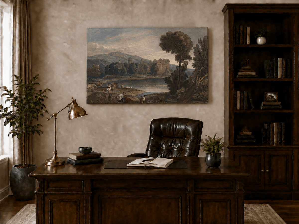 Landscape Oil Painting - Lakeside Castle with Cattle and Hills