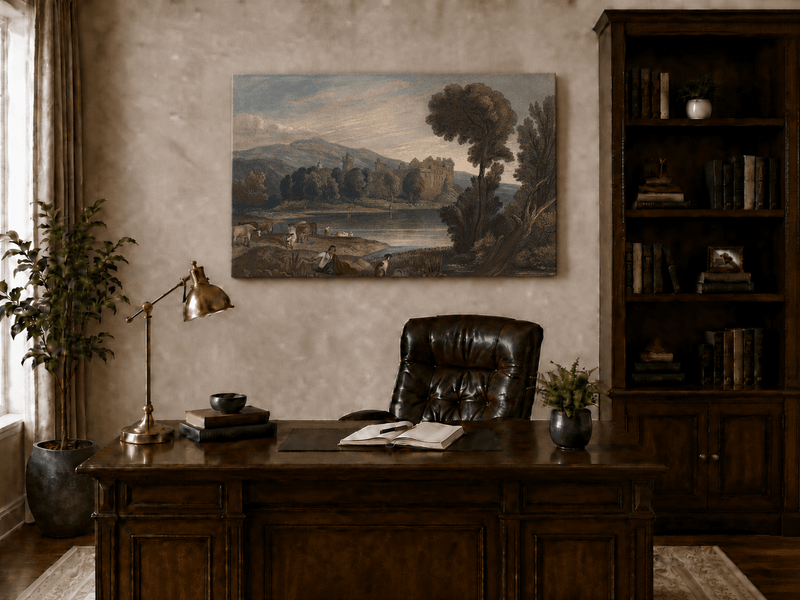 Landscape Oil Painting - Lakeside Castle with Cattle and Hills