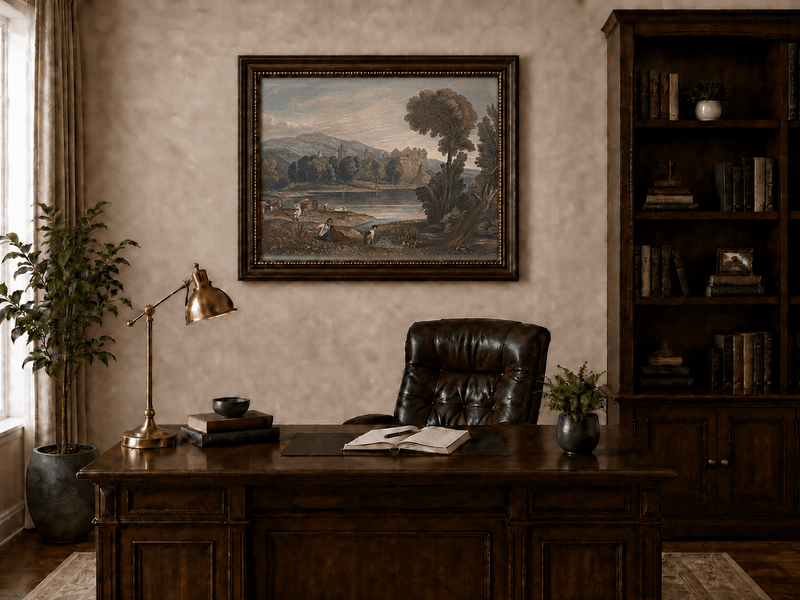 Landscape Oil Painting - Lakeside Castle with Cattle and Hills