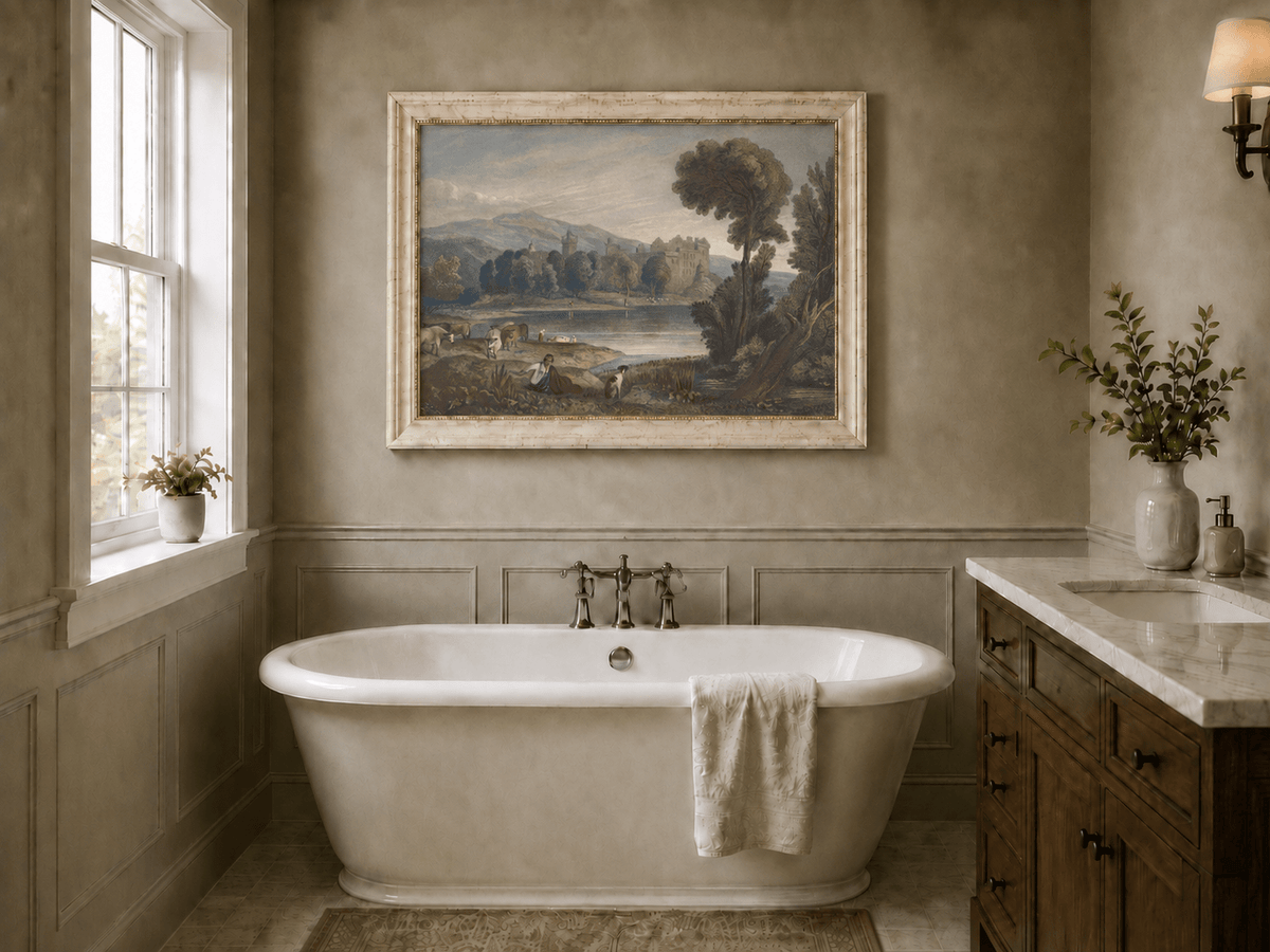 Landscape Oil Painting - Lakeside Castle with Cattle and Hills