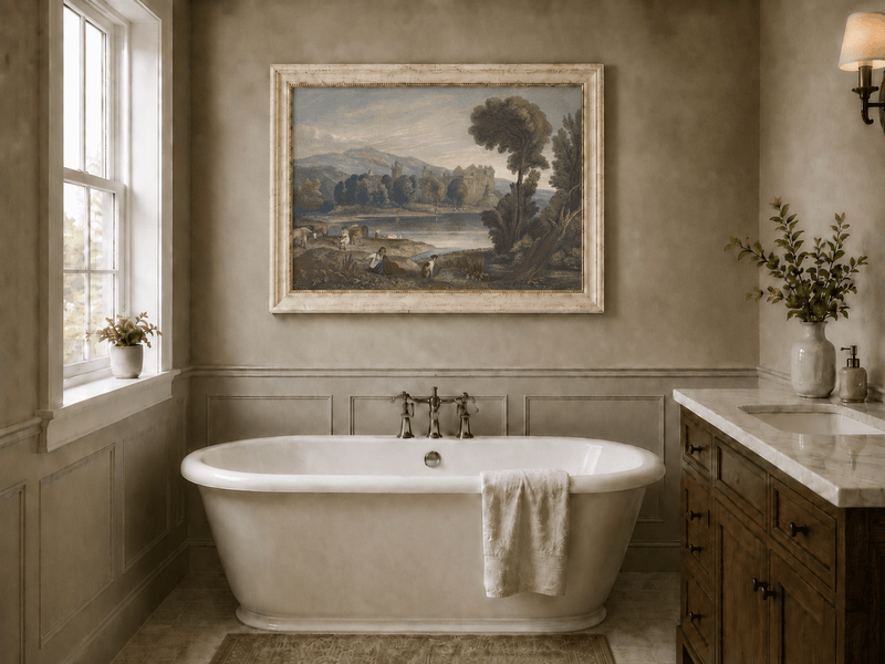Landscape Oil Painting - Lakeside Castle with Cattle and Hills