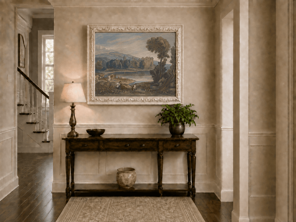 Landscape Oil Painting - Lakeside Castle with Cattle and Hills