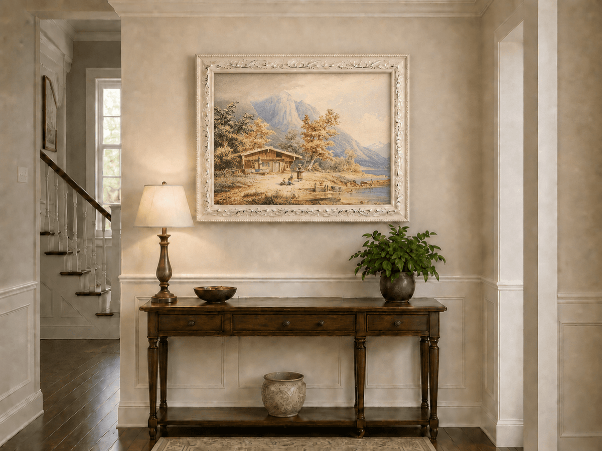Landscape Oil Painting - Lakeside Chalet and Alpine Mountains