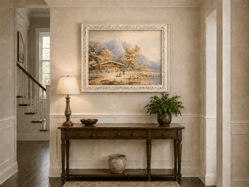 Landscape Oil Painting - Lakeside Chalet and Alpine Mountains