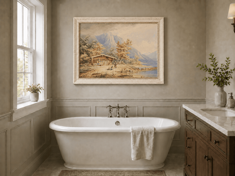 Landscape Oil Painting - Lakeside Chalet and Alpine Mountains