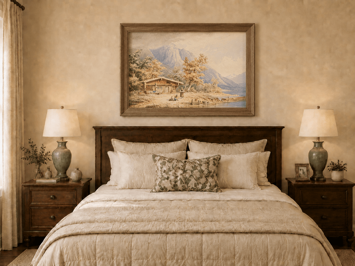 Landscape Oil Painting - Lakeside Chalet and Alpine Mountains