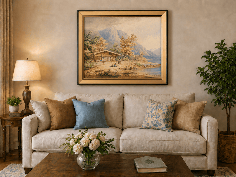Landscape Oil Painting - Lakeside Chalet and Alpine Mountains