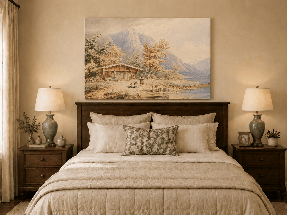 Landscape Oil Painting - Lakeside Chalet and Alpine Mountains