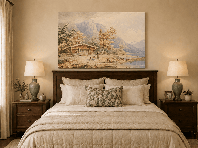 Landscape Oil Painting - Lakeside Chalet and Alpine Mountains