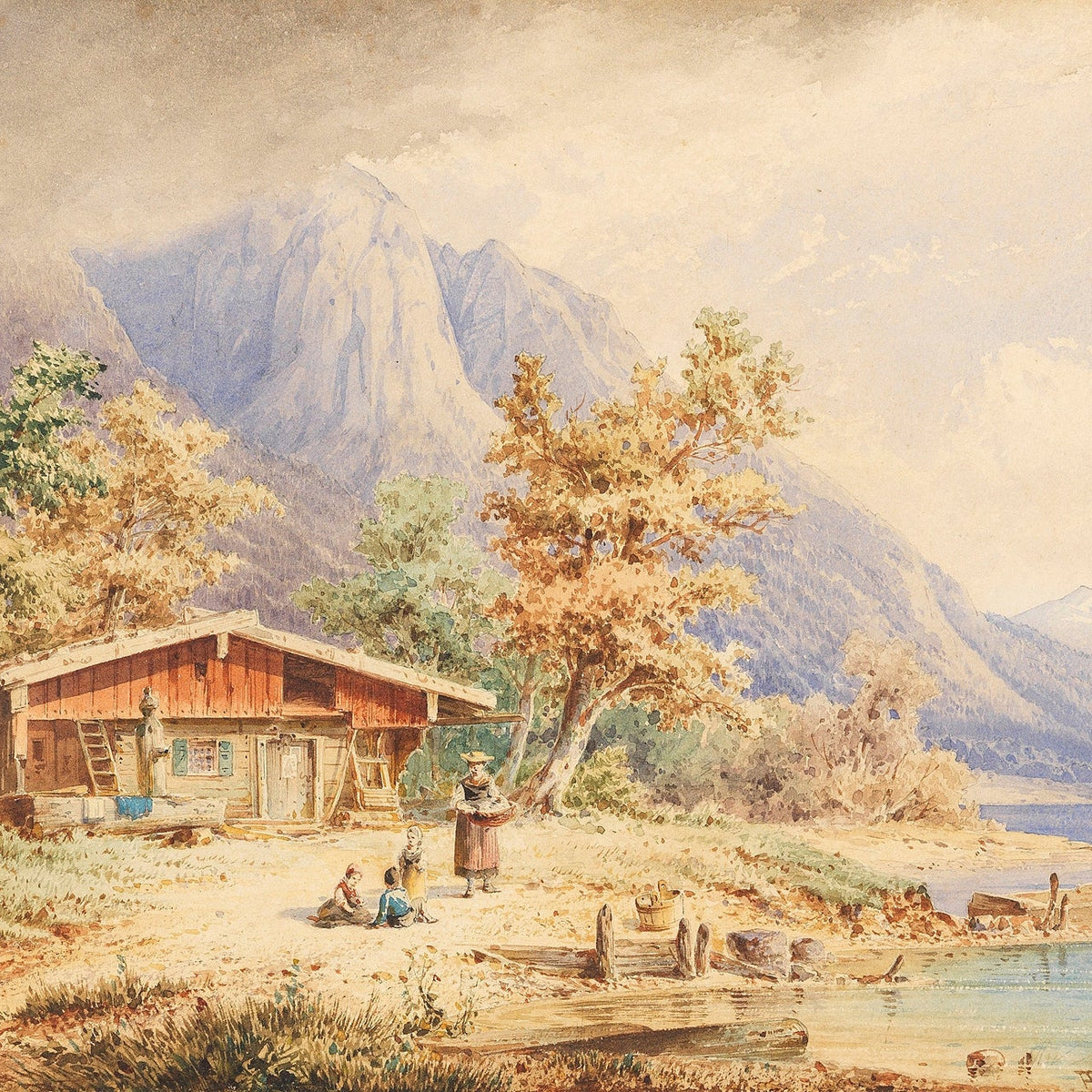 Hand-painted lakeside chalet and alpine mountains landscape oil painting on canvas