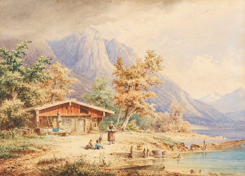 Hand-painted lakeside chalet and alpine mountains landscape oil painting on canvas