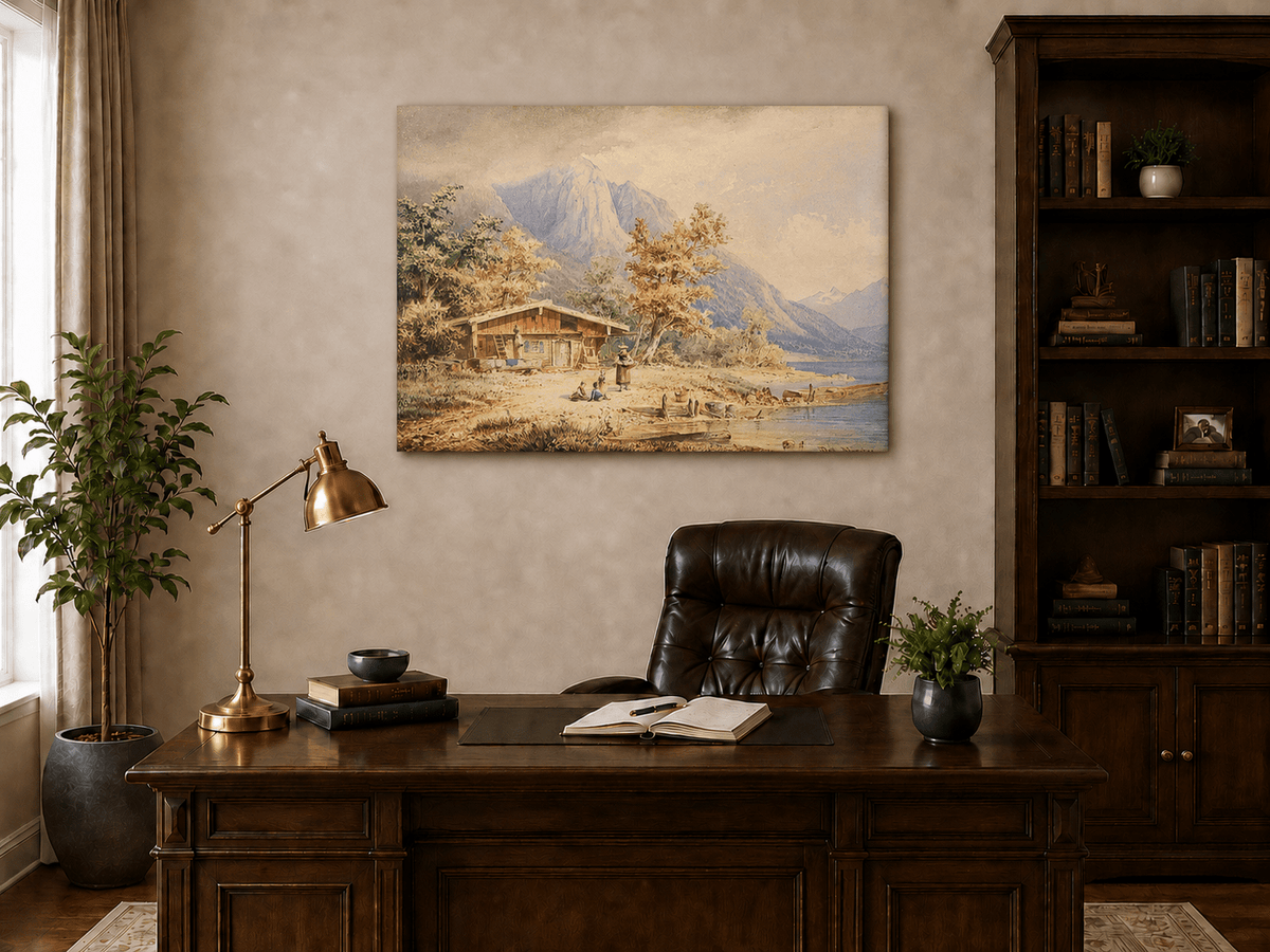 Landscape Oil Painting - Lakeside Chalet and Alpine Mountains