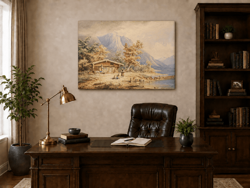 Landscape Oil Painting - Lakeside Chalet and Alpine Mountains