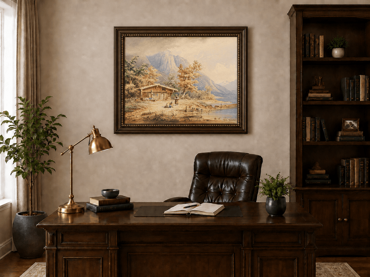 Landscape Oil Painting - Lakeside Chalet and Alpine Mountains