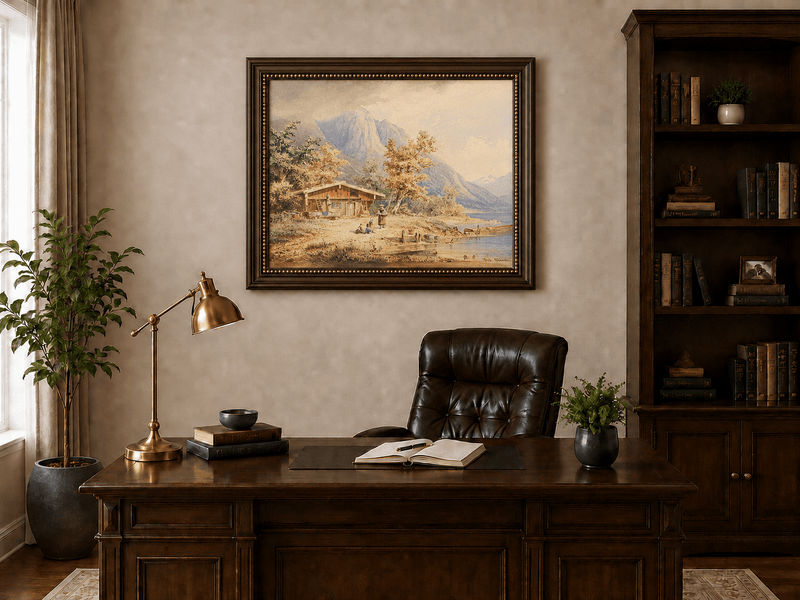 Landscape Oil Painting - Lakeside Chalet and Alpine Mountains