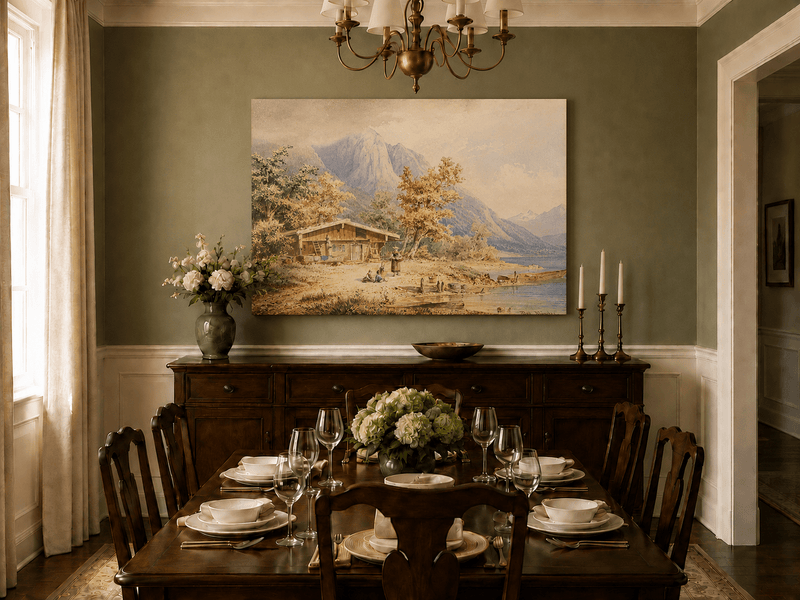Landscape Oil Painting - Lakeside Chalet and Alpine Mountains