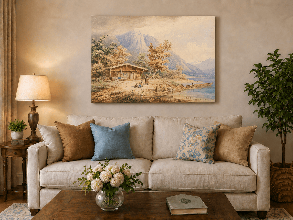 Landscape Oil Painting - Lakeside Chalet and Alpine Mountains