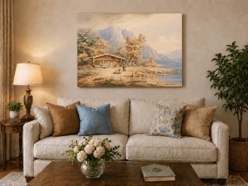 Landscape Oil Painting - Lakeside Chalet and Alpine Mountains