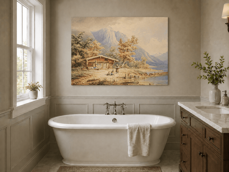 Landscape Oil Painting - Lakeside Chalet and Alpine Mountains