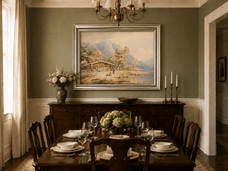 Landscape Oil Painting - Lakeside Chalet and Alpine Mountains
