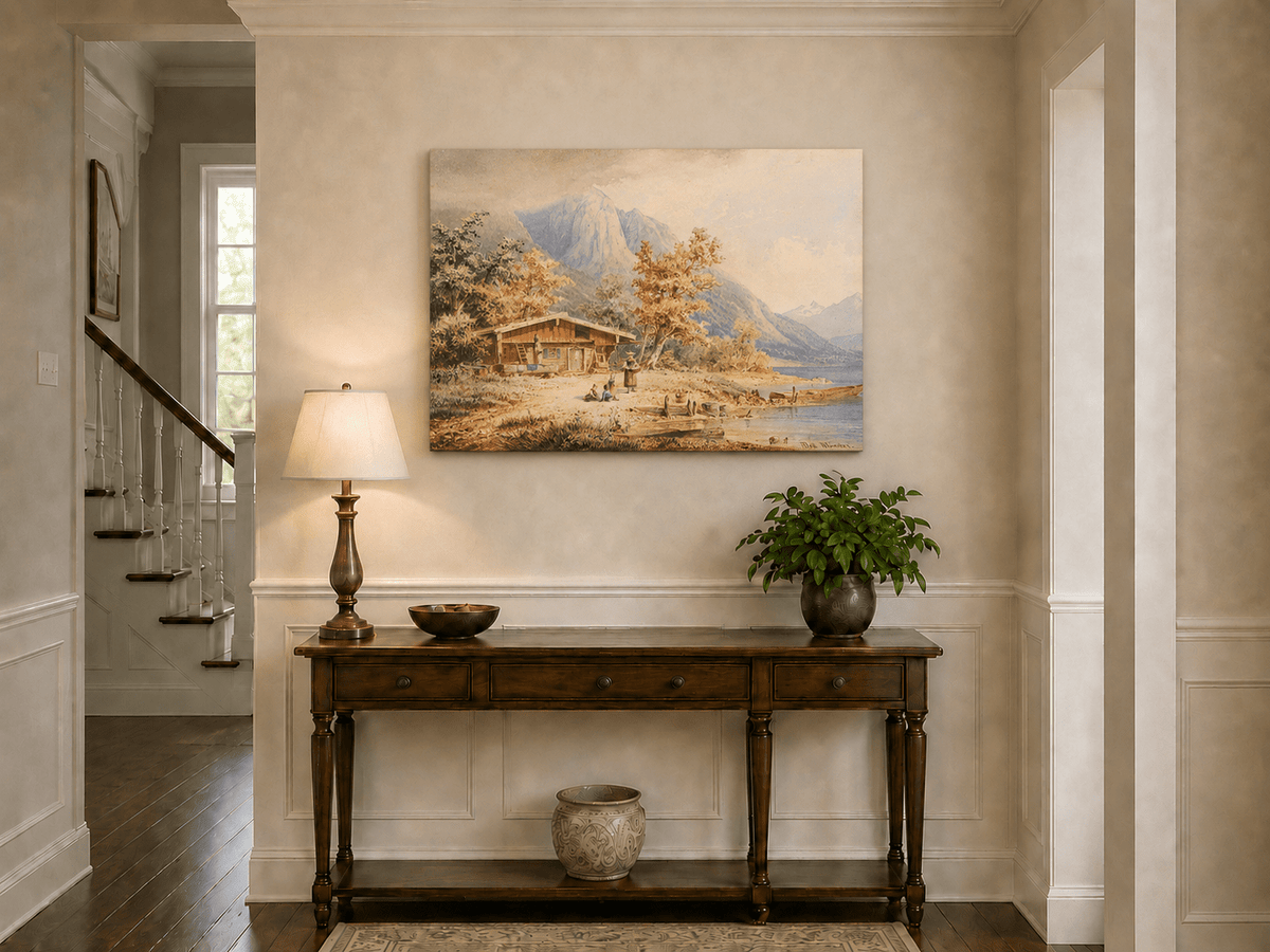 Landscape Oil Painting - Lakeside Chalet and Alpine Mountains