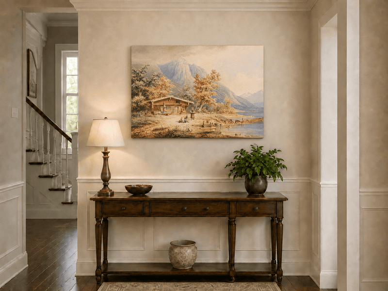 Landscape Oil Painting - Lakeside Chalet and Alpine Mountains