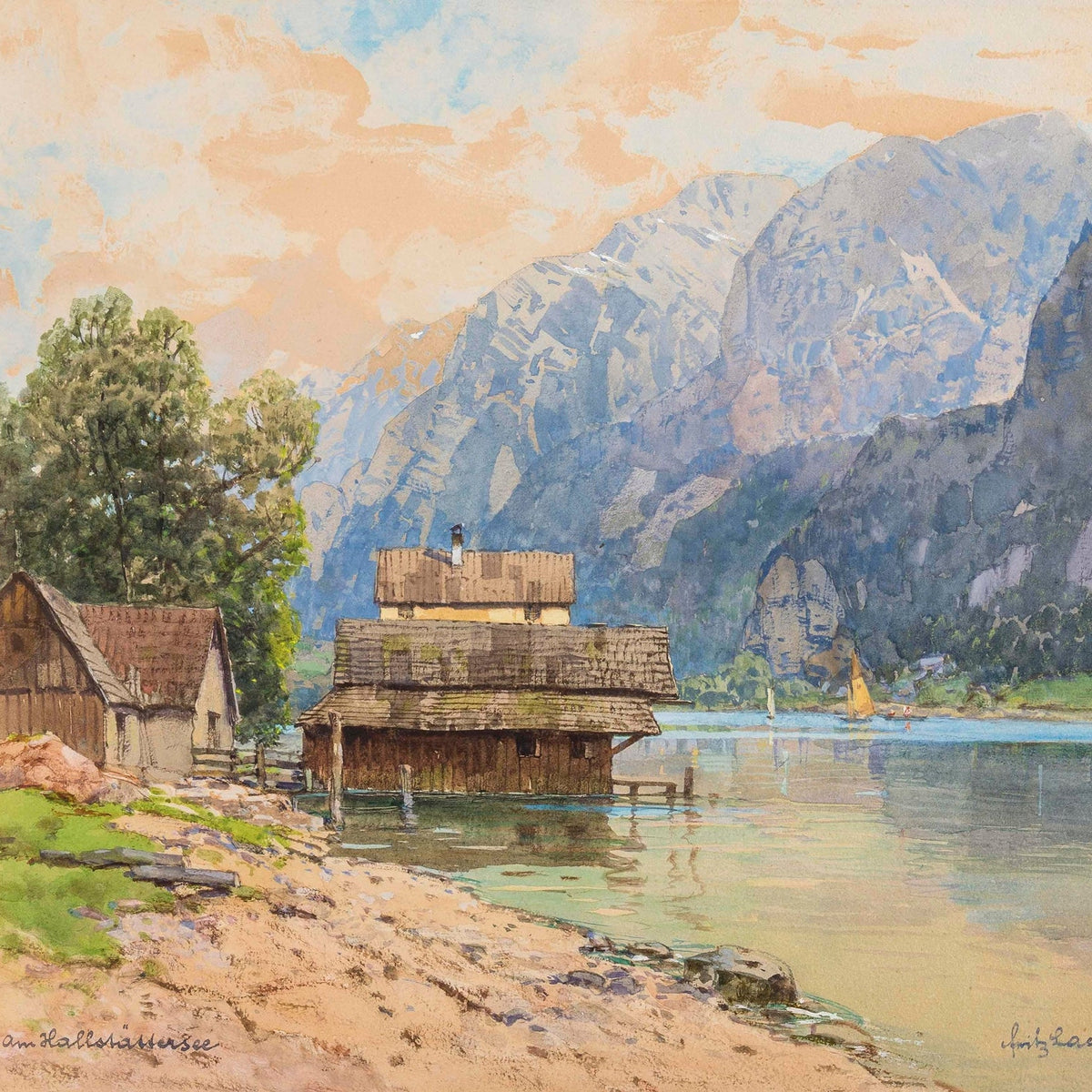Landscape Oil Painting - Lakeside Chalet and Alpine Peaks - Oil Painting Haven