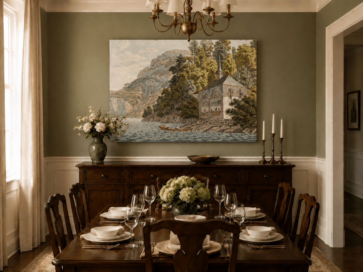 Landscape Oil Painting - Lakeside Chapel with Mountain Cliffs