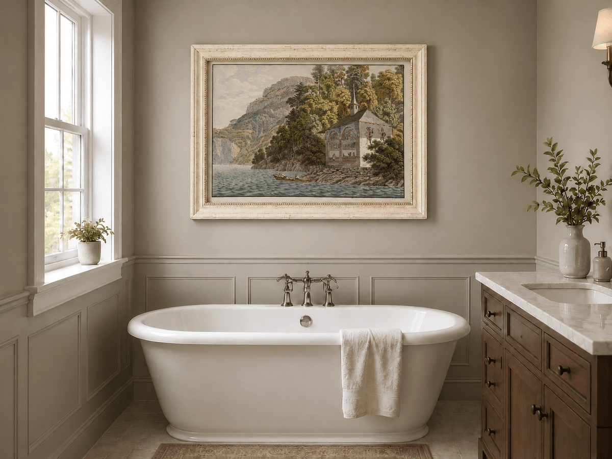 Landscape Oil Painting - Lakeside Chapel with Mountain Cliffs