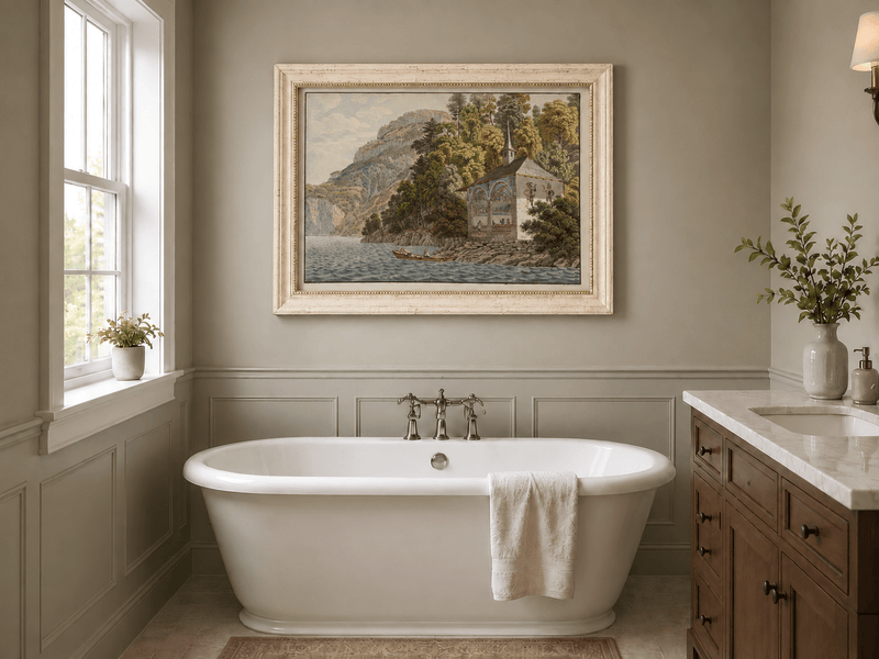 Landscape Oil Painting - Lakeside Chapel with Mountain Cliffs