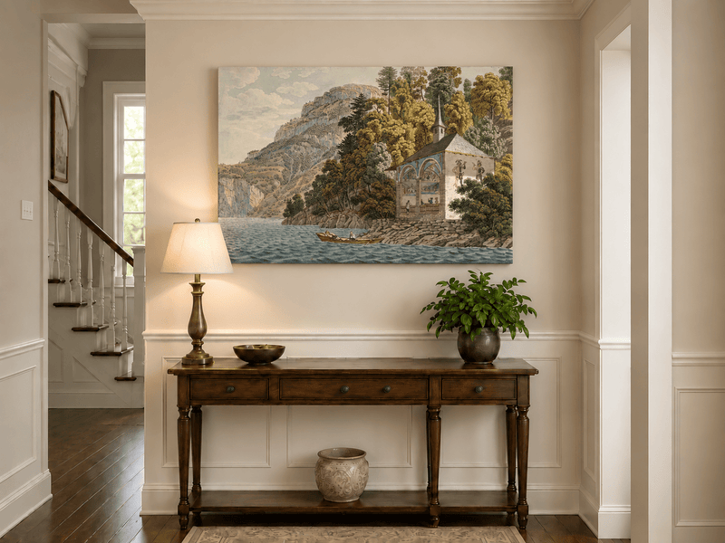 Landscape Oil Painting - Lakeside Chapel with Mountain Cliffs