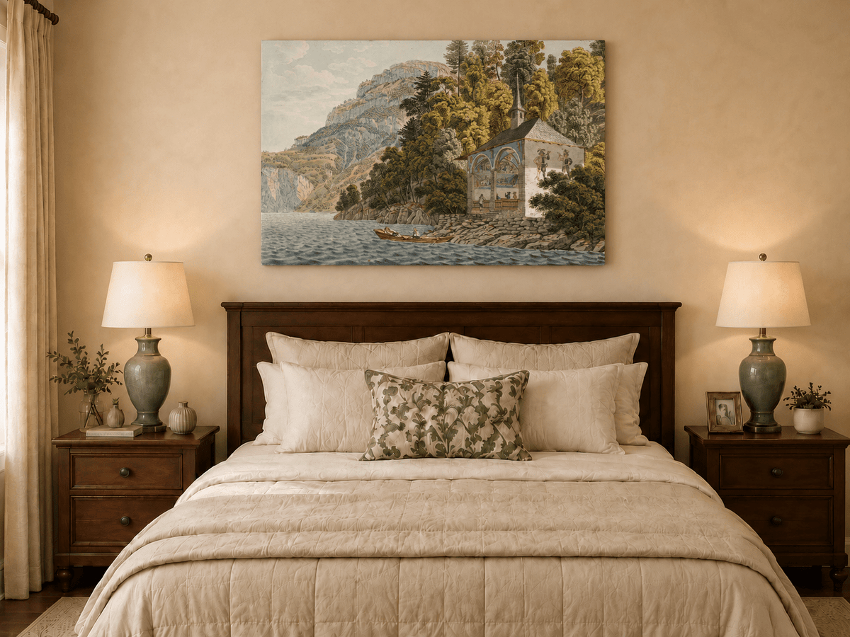 Landscape Oil Painting - Lakeside Chapel with Mountain Cliffs