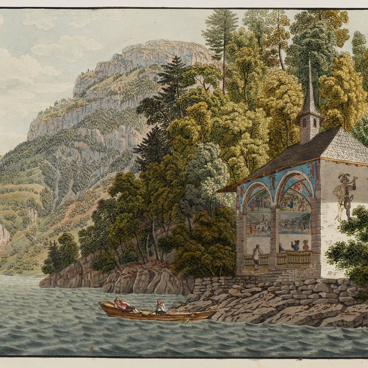 Landscape Oil Painting - Lakeside Chapel with Mountain Cliffs - Oil Painting Haven