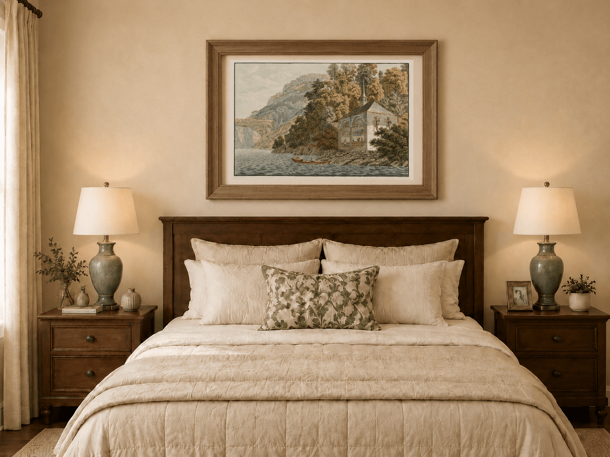 Landscape Oil Painting - Lakeside Chapel with Mountain Cliffs