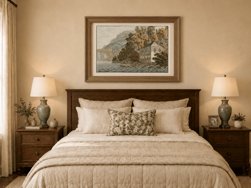 Landscape Oil Painting - Lakeside Chapel with Mountain Cliffs