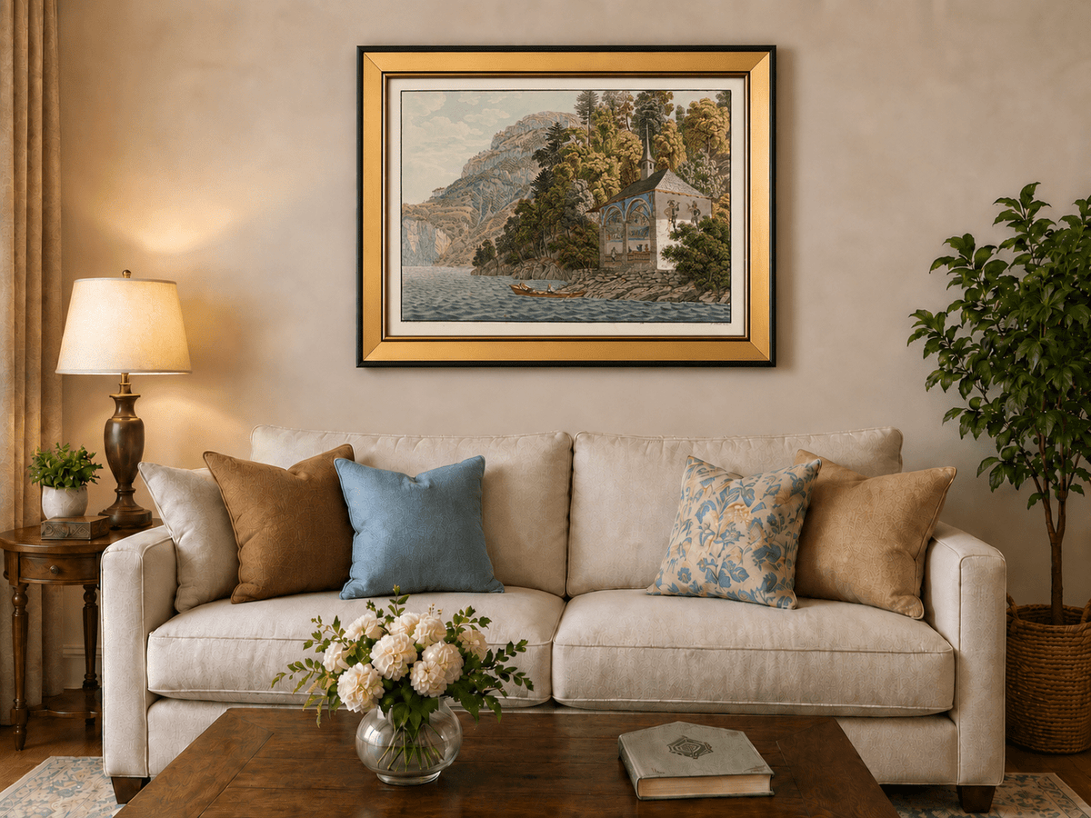 Landscape Oil Painting - Lakeside Chapel with Mountain Cliffs