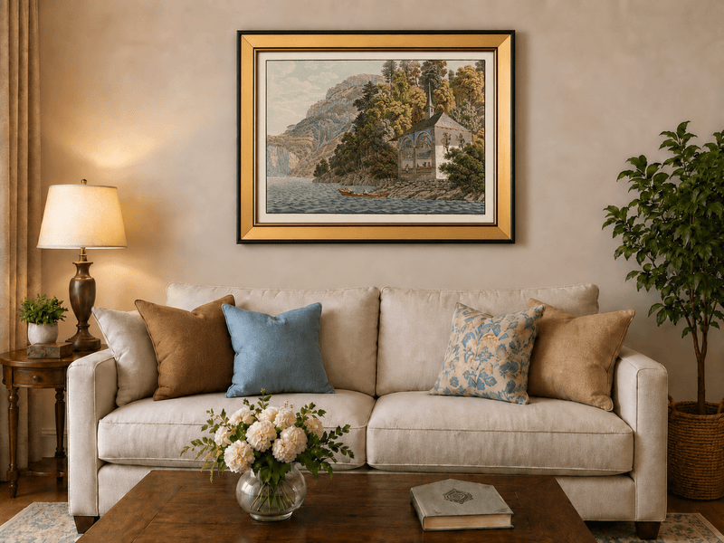 Landscape Oil Painting - Lakeside Chapel with Mountain Cliffs