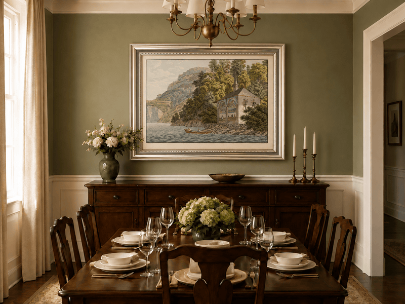Landscape Oil Painting - Lakeside Chapel with Mountain Cliffs