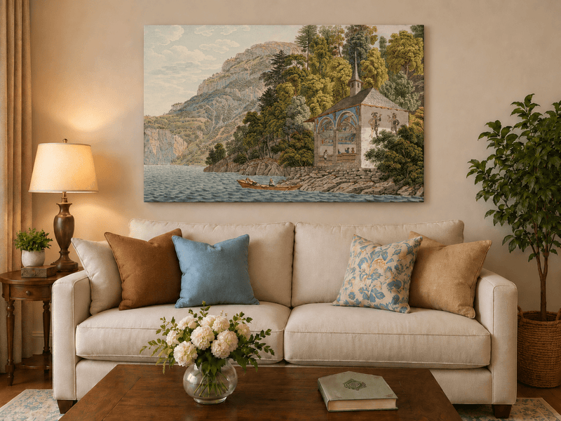 Landscape Oil Painting - Lakeside Chapel with Mountain Cliffs