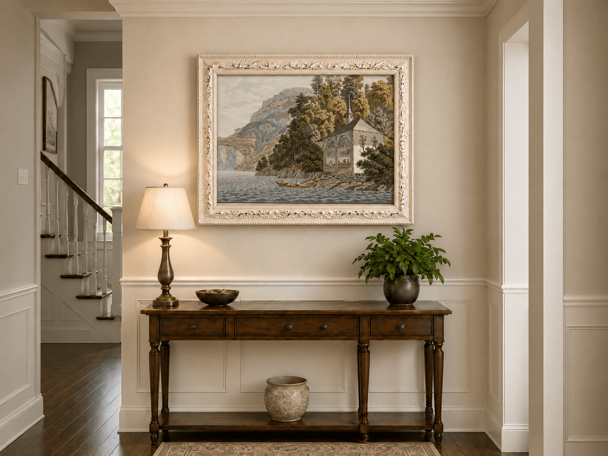 Landscape Oil Painting - Lakeside Chapel with Mountain Cliffs