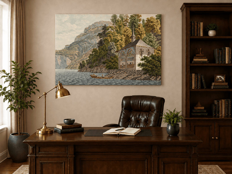 Landscape Oil Painting - Lakeside Chapel with Mountain Cliffs