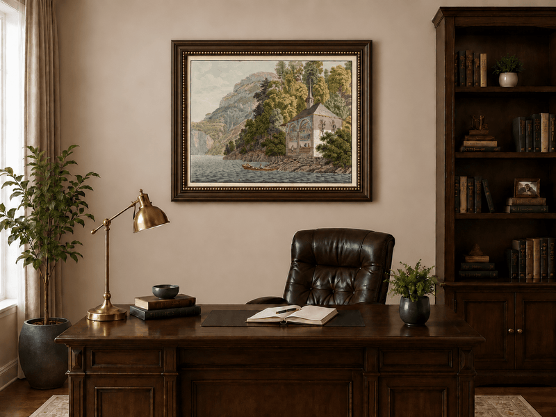 Landscape Oil Painting - Lakeside Chapel with Mountain Cliffs