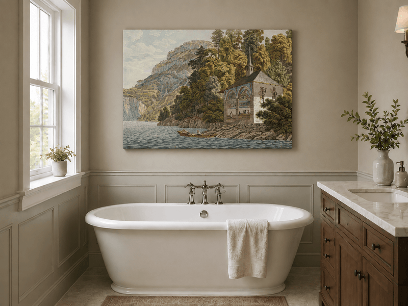 Landscape Oil Painting - Lakeside Chapel with Mountain Cliffs
