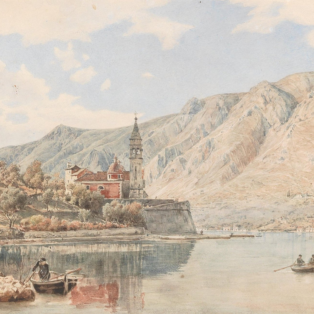 Hand-painted lakeside church and mountain boats landscape oil painting on canvas