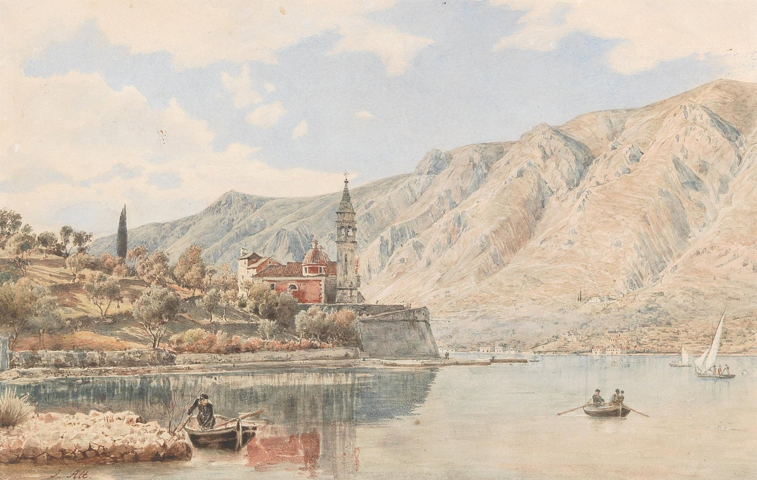 Landscape Oil Painting - Lakeside Church and Mountain Boats - Oil Painting Haven
