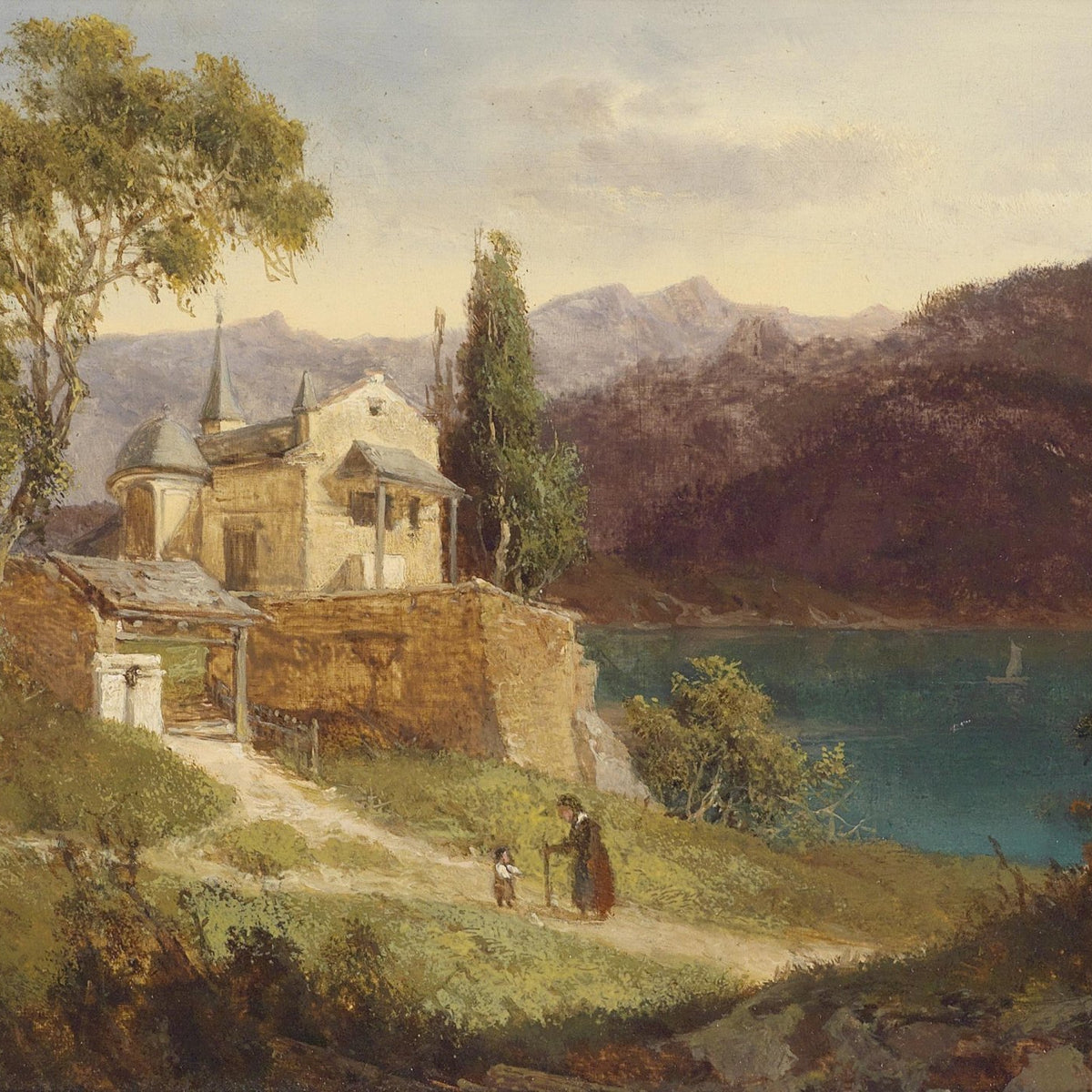 Landscape Oil Painting - Lakeside Cliff Building, Dome Structure, Pair - Oil Painting Haven