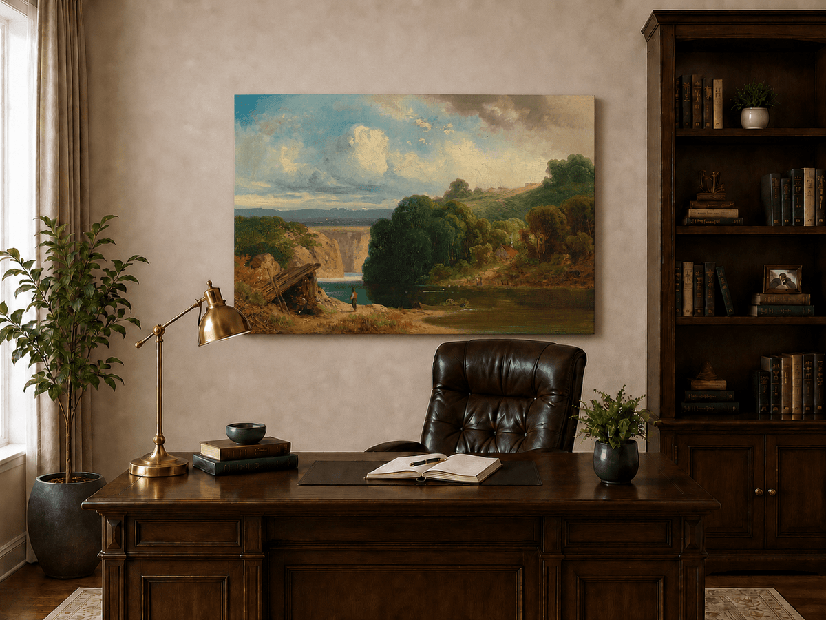 Landscape Oil Painting - Lakeside Cottage and Distant Falls View