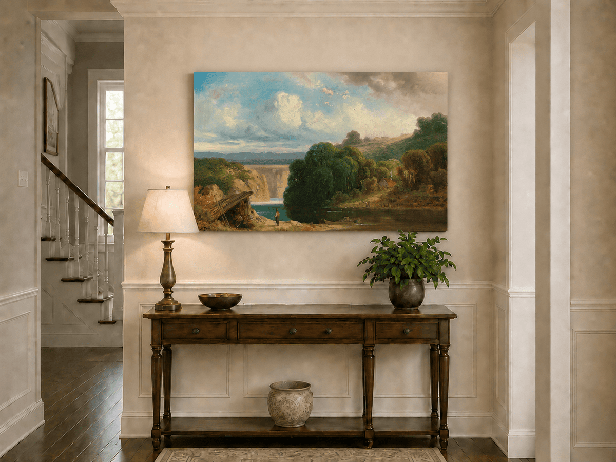 Landscape Oil Painting - Lakeside Cottage and Distant Falls View