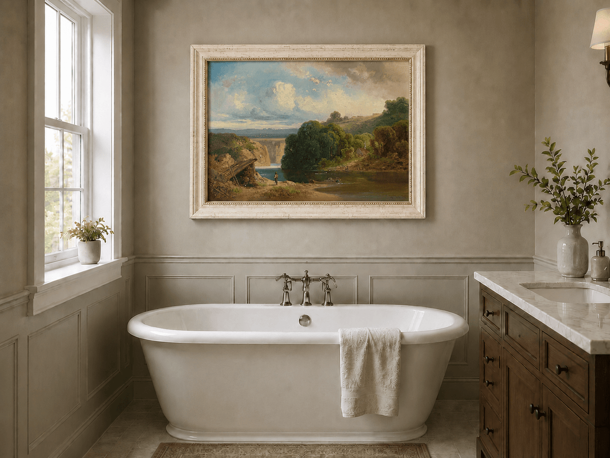 Landscape Oil Painting - Lakeside Cottage and Distant Falls View