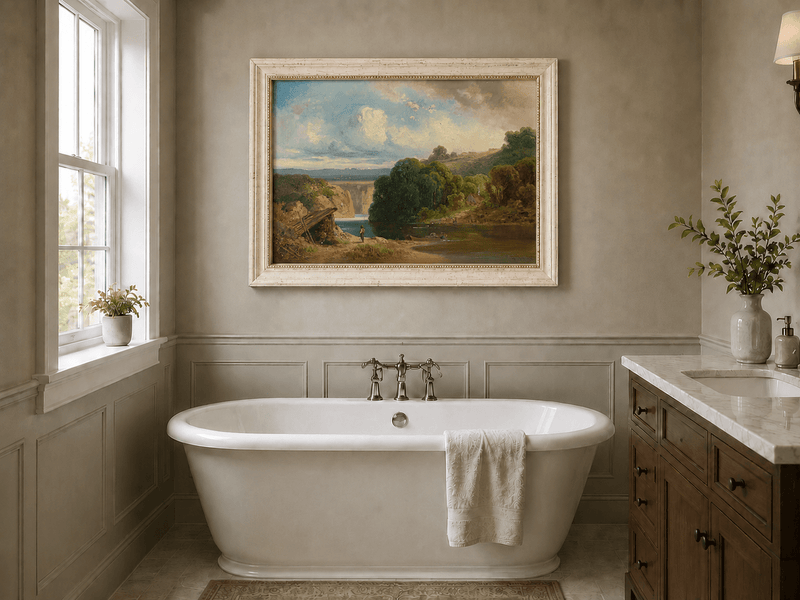 Landscape Oil Painting - Lakeside Cottage and Distant Falls View